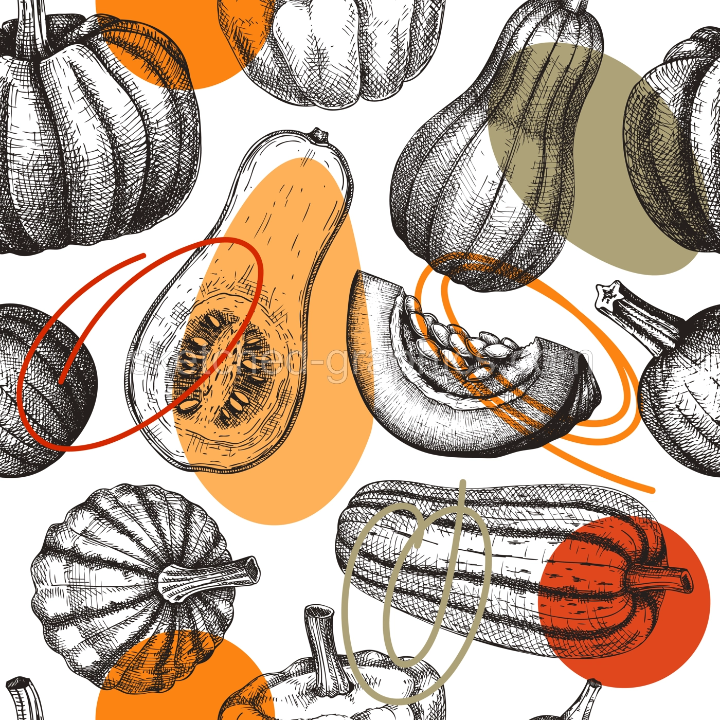Sketched pumpkin seamless pattern. Thanksgiving day wall design. Autumn food background. Vector vegetables, butternut squash, marrow, pumpkin slice sketches. Fall harvest festival backdrop Illustration